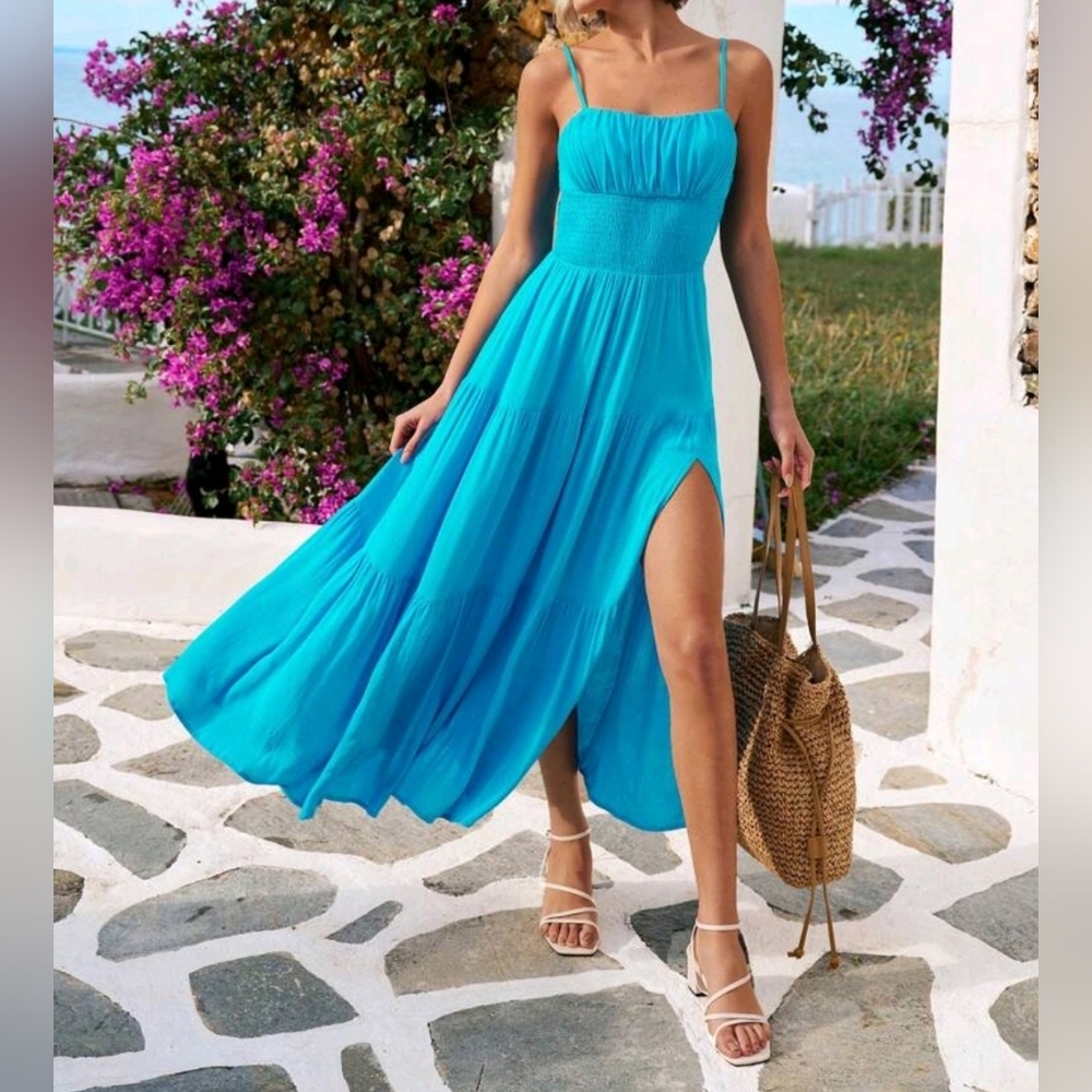 New Flowy Boho Ruched Cami Maxi Dress Blue - Picture 6 of 8